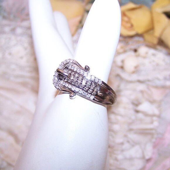 Vintage Sterling Silver Lab Diamond Buckle Ring - Size 8 - Picture 7 of 10